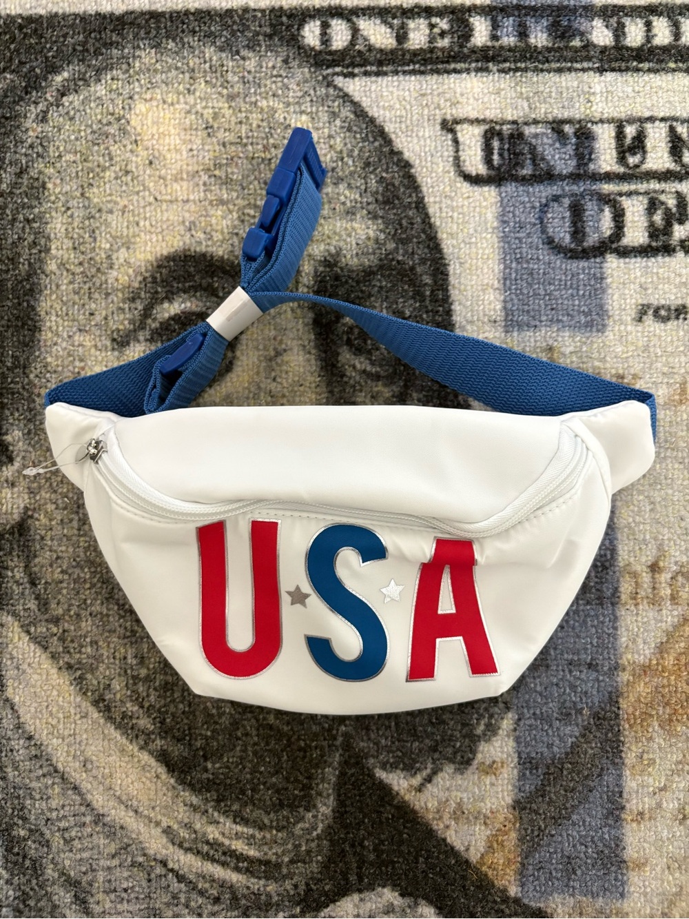White Mini Belt Bag with USA Lettering and Blue Strap